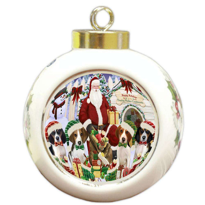 Happy Holidays Christmas Treeing Walker Coonhounds Dog House Gathering Round Ball Christmas Ornament RBPOR51470