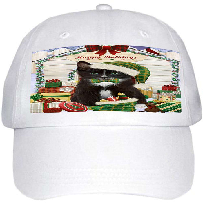Happy Holidays Christmas Tuxedo Cat With Presents Ball Hat Cap HAT61803