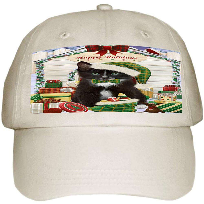 Happy Holidays Christmas Tuxedo Cat With Presents Ball Hat Cap HAT61803