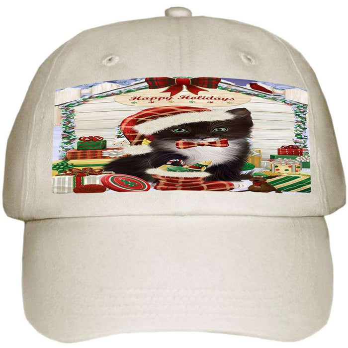 Happy Holidays Christmas Tuxedo Cat With Presents Ball Hat Cap HAT61809