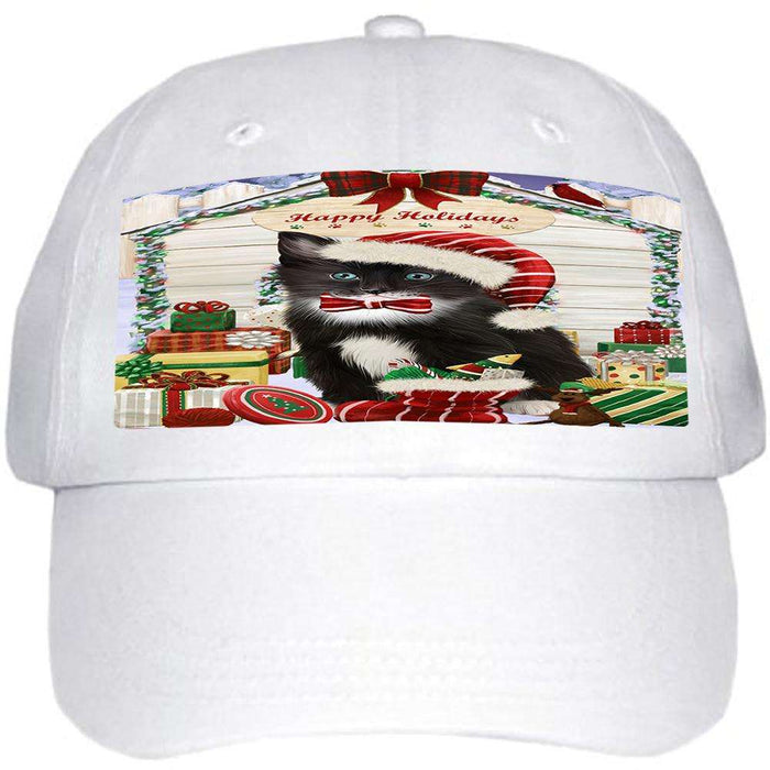 Happy Holidays Christmas Tuxedo Cat With Presents Ball Hat Cap HAT61812