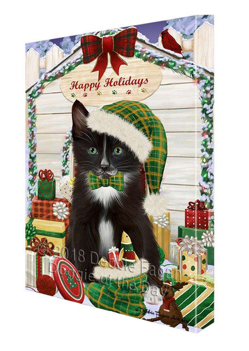 Happy Holidays Christmas Tuxedo Cat With Presents Canvas Print Wall Art Décor CVS91007