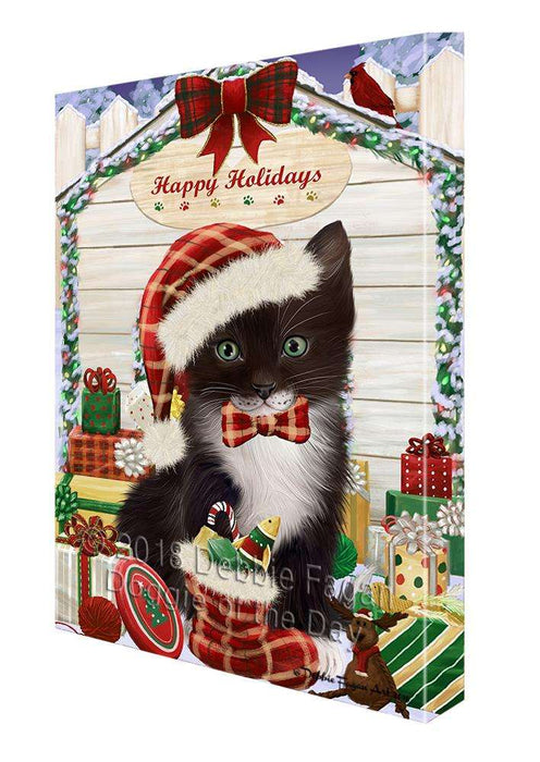 Happy Holidays Christmas Tuxedo Cat With Presents Canvas Print Wall Art Décor CVS91025