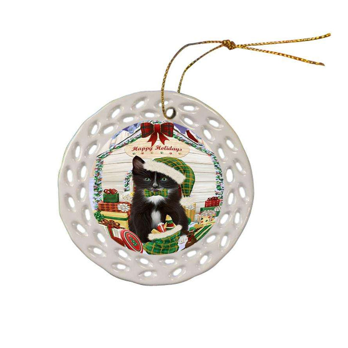 Happy Holidays Christmas Tuxedo Cat With Presents Ceramic Doily Ornament DPOR52690
