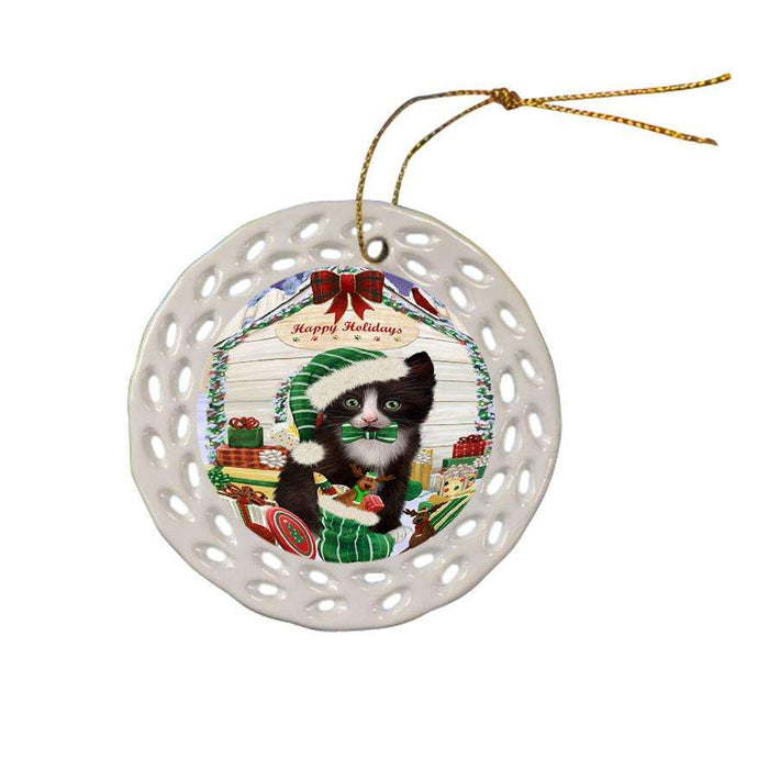 Happy Holidays Christmas Tuxedo Cat With Presents Ceramic Doily Ornament DPOR52691