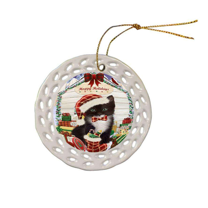 Happy Holidays Christmas Tuxedo Cat With Presents Ceramic Doily Ornament DPOR52692