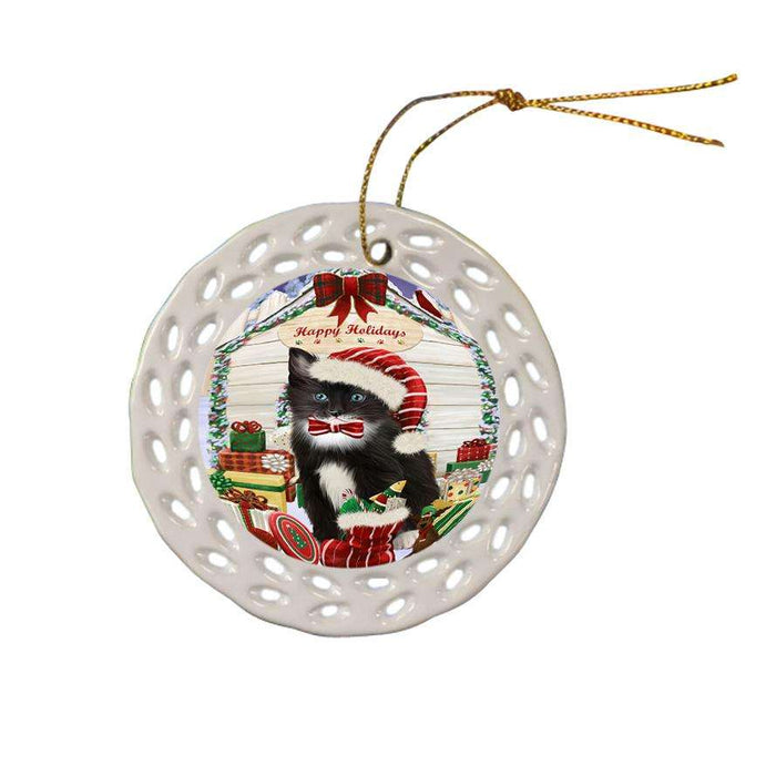 Happy Holidays Christmas Tuxedo Cat With Presents Ceramic Doily Ornament DPOR52693