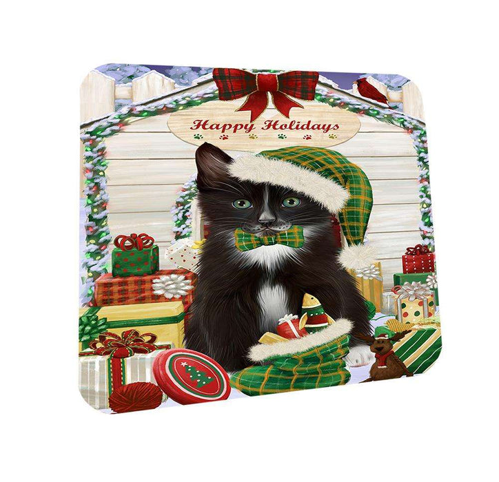 Happy Holidays Christmas Tuxedo Cat With Presents Coasters Set of 4 CST52649