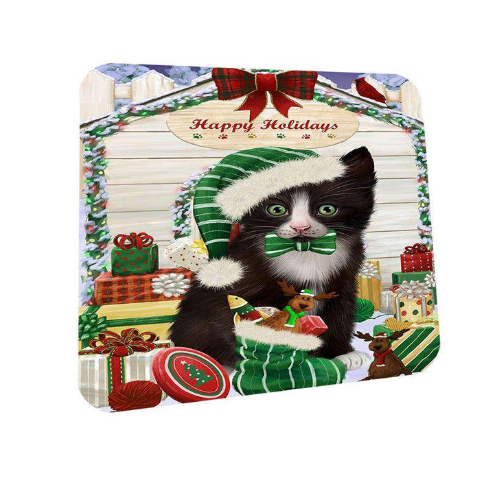 Happy Holidays Christmas Tuxedo Cat With Presents Coasters Set of 4 CST52650