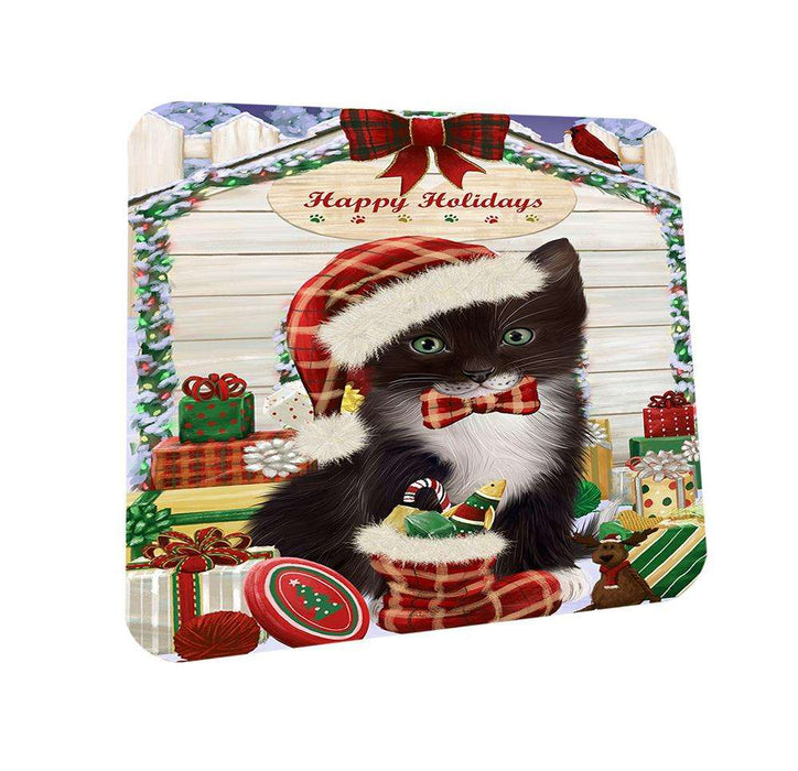 Happy Holidays Christmas Tuxedo Cat With Presents Coasters Set of 4 CST52651