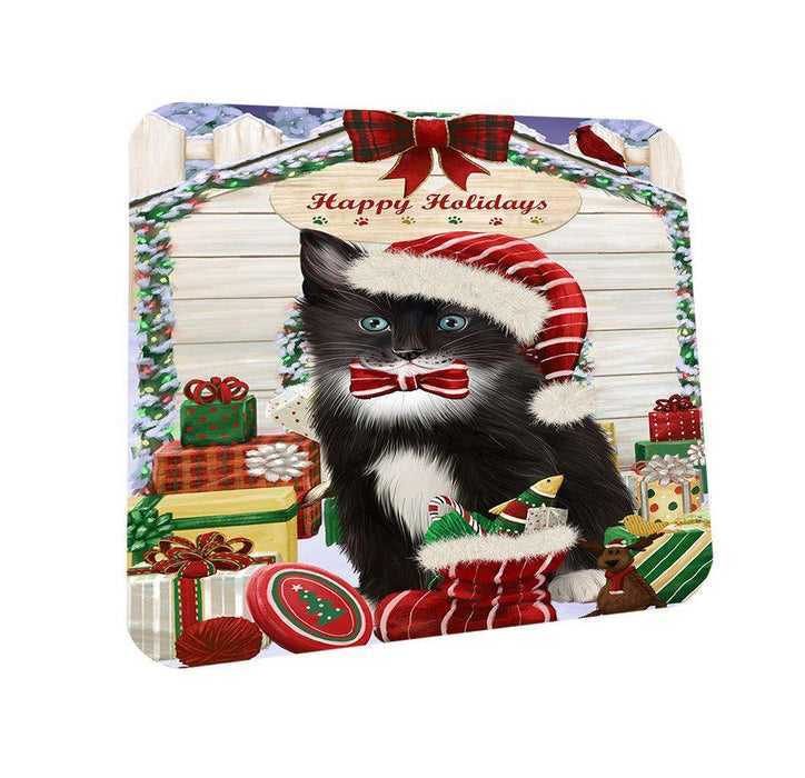 Happy Holidays Christmas Tuxedo Cat With Presents Coasters Set of 4 CST52652