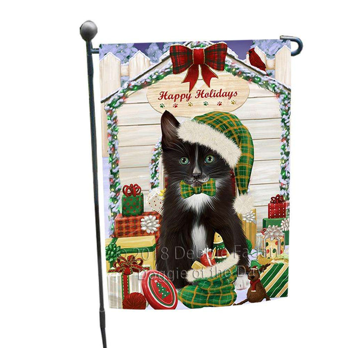 Happy Holidays Christmas Tuxedo Cat With Presents Garden Flag GFLG52635