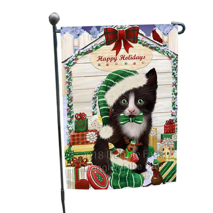 Happy Holidays Christmas Tuxedo Cat With Presents Garden Flag GFLG52636
