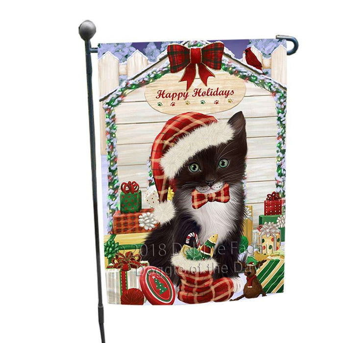 Happy Holidays Christmas Tuxedo Cat With Presents Garden Flag GFLG52637