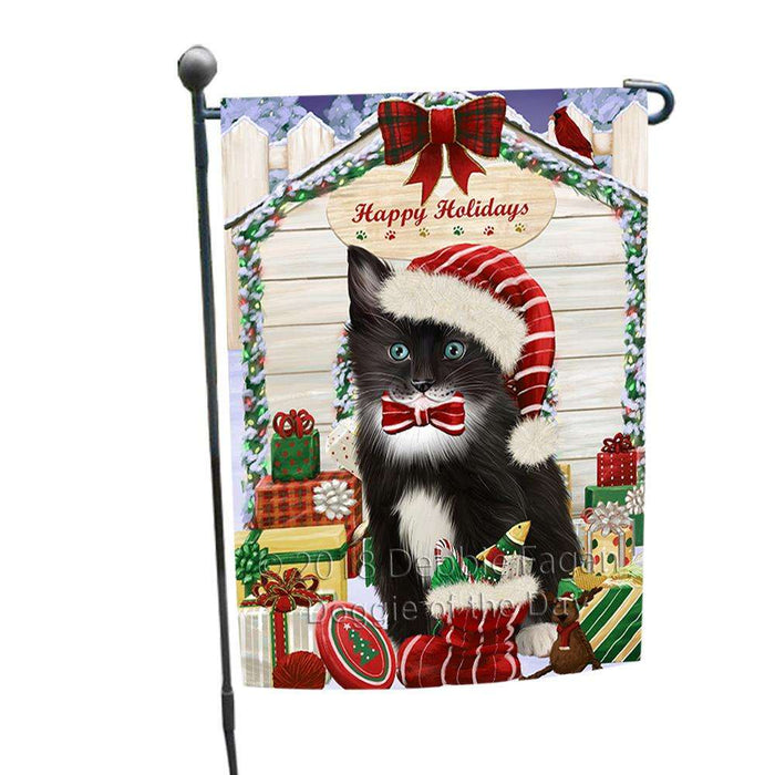 Happy Holidays Christmas Tuxedo Cat With Presents Garden Flag GFLG52638
