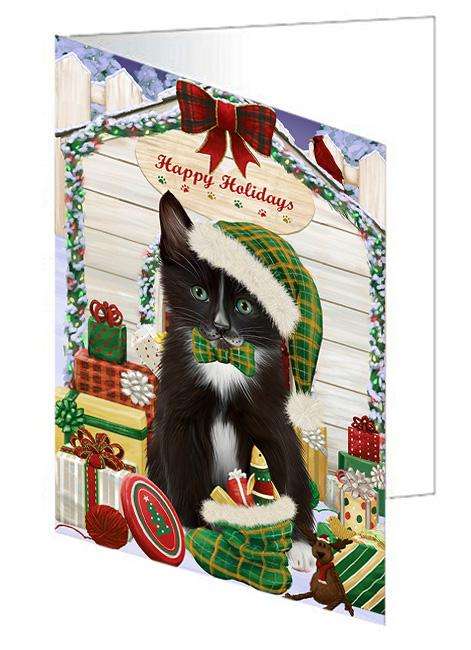 Happy Holidays Christmas Tuxedo Cat With Presents Handmade Artwork Assorted Pets Greeting Cards and Note Cards with Envelopes for All Occasions and Holiday Seasons GCD62099