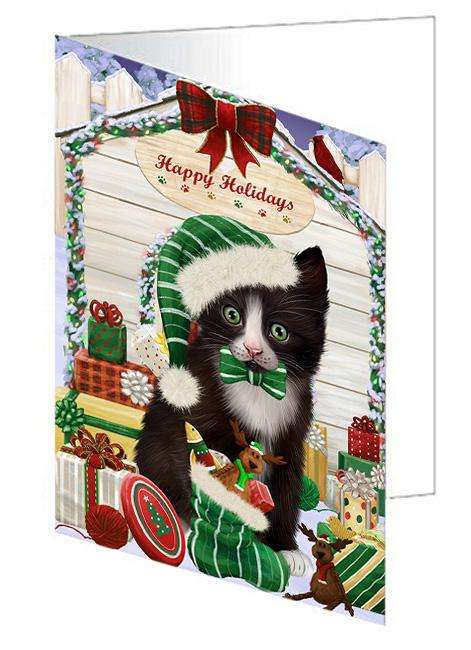 Happy Holidays Christmas Tuxedo Cat With Presents Handmade Artwork Assorted Pets Greeting Cards and Note Cards with Envelopes for All Occasions and Holiday Seasons GCD62102