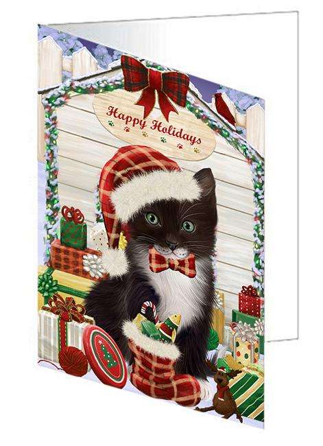 Happy Holidays Christmas Tuxedo Cat With Presents Handmade Artwork Assorted Pets Greeting Cards and Note Cards with Envelopes for All Occasions and Holiday Seasons GCD62105