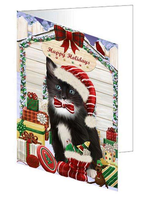 Happy Holidays Christmas Tuxedo Cat With Presents Handmade Artwork Assorted Pets Greeting Cards and Note Cards with Envelopes for All Occasions and Holiday Seasons GCD62108
