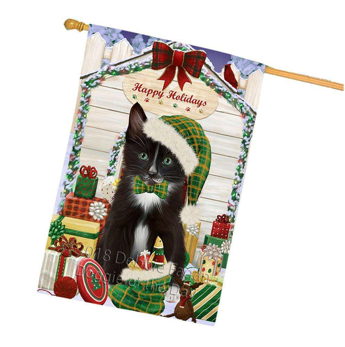 Happy Holidays Christmas Tuxedo Cat With Presents House Flag FLG52771