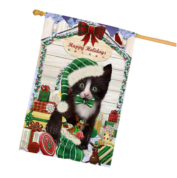 Happy Holidays Christmas Tuxedo Cat With Presents House Flag FLG52772