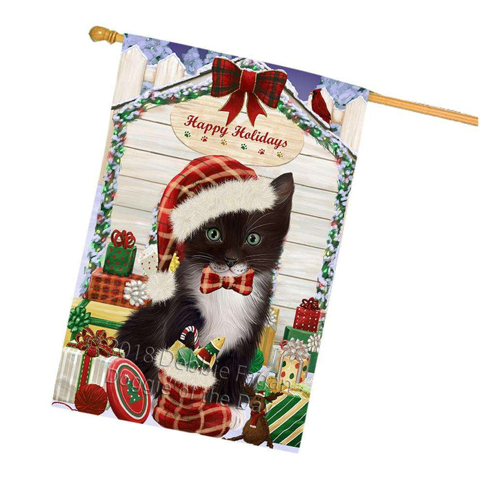 Happy Holidays Christmas Tuxedo Cat With Presents House Flag FLG52773