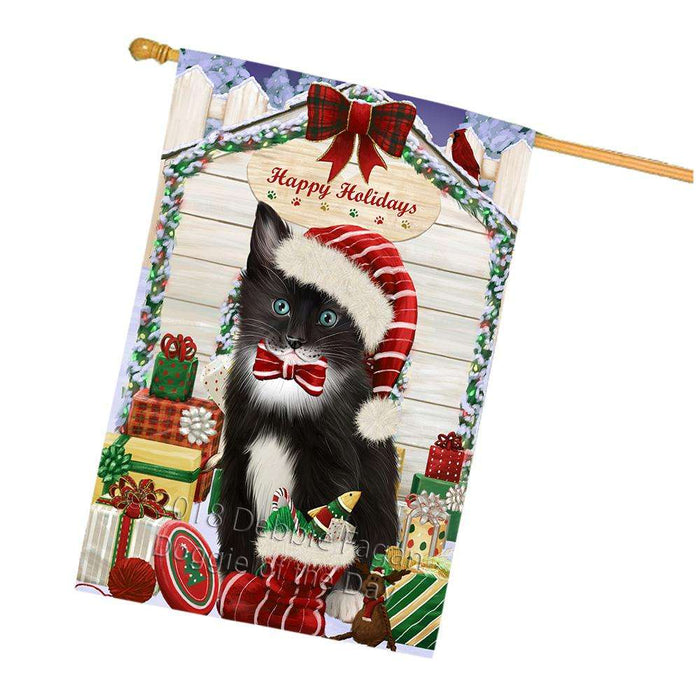 Happy Holidays Christmas Tuxedo Cat With Presents House Flag FLG52774