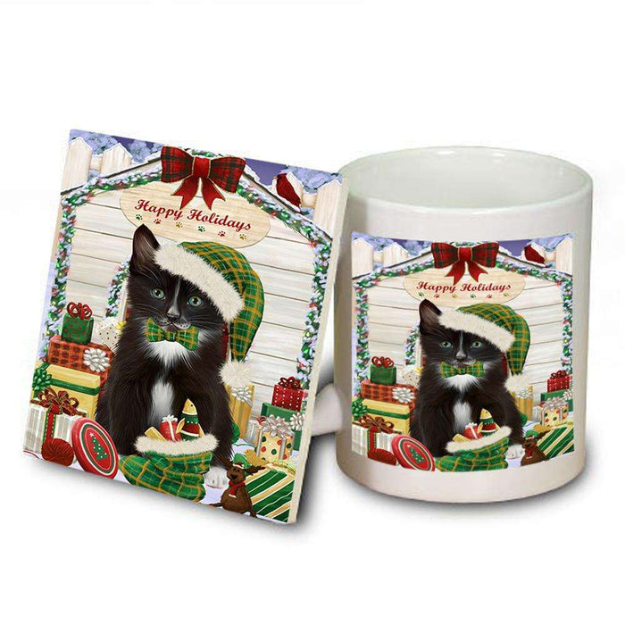Happy Holidays Christmas Tuxedo Cat With Presents Mug and Coaster Set MUC52682