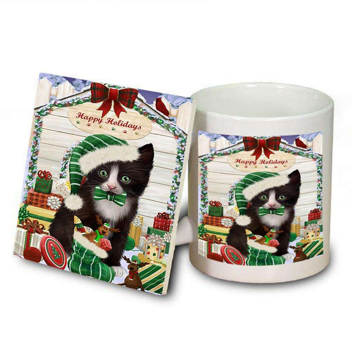 Happy Holidays Christmas Tuxedo Cat With Presents Mug and Coaster Set MUC52683