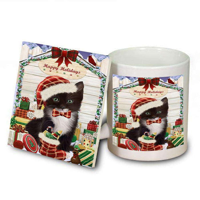 Happy Holidays Christmas Tuxedo Cat With Presents Mug and Coaster Set MUC52684