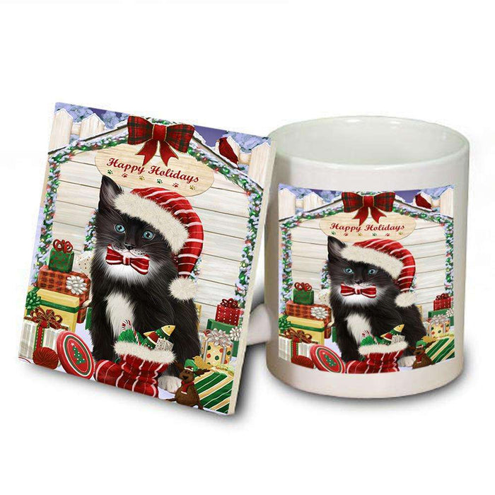 Happy Holidays Christmas Tuxedo Cat With Presents Mug and Coaster Set MUC52685
