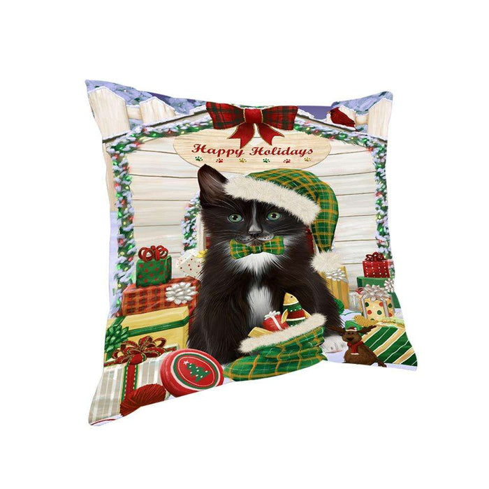 Happy Holidays Christmas Tuxedo Cat With Presents Pillow PIL66916