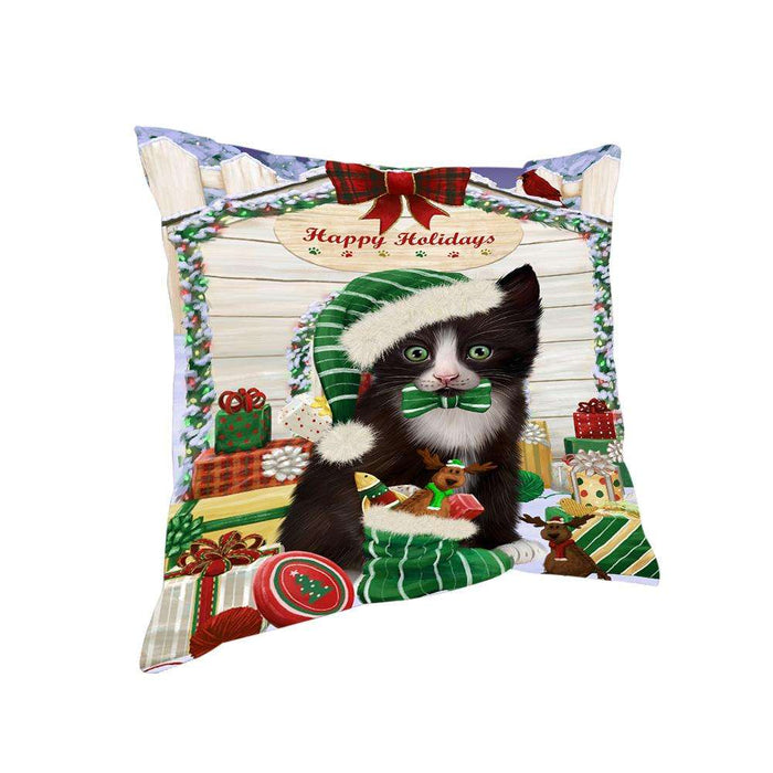 Happy Holidays Christmas Tuxedo Cat With Presents Pillow PIL66920