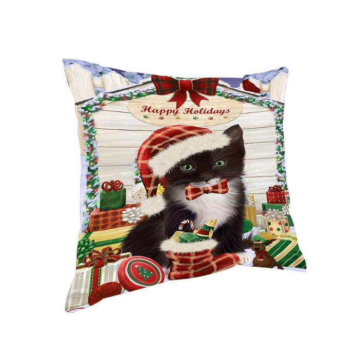 Happy Holidays Christmas Tuxedo Cat With Presents Pillow PIL66924