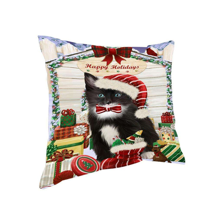 Happy Holidays Christmas Tuxedo Cat With Presents Pillow PIL66928