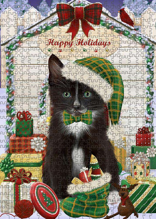 Happy Holidays Christmas Tuxedo Cat With Presents Puzzle with Photo Tin PUZL62001