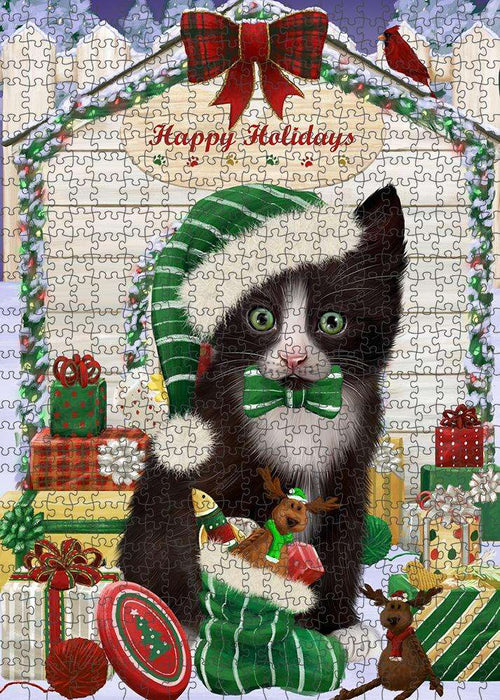 Happy Holidays Christmas Tuxedo Cat With Presents Puzzle with Photo Tin PUZL62004