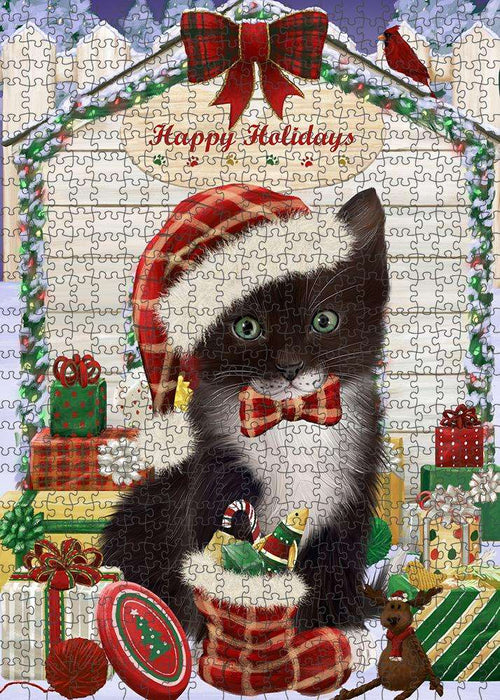 Happy Holidays Christmas Tuxedo Cat With Presents Puzzle with Photo Tin PUZL62007