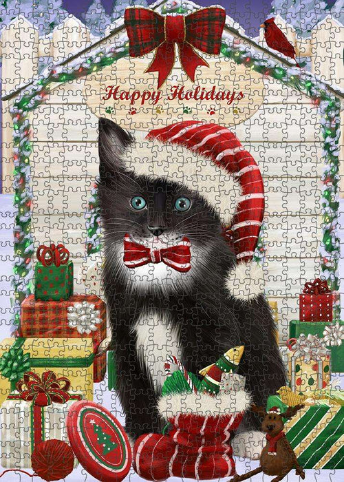 Happy Holidays Christmas Tuxedo Cat With Presents Puzzle with Photo Tin PUZL62010