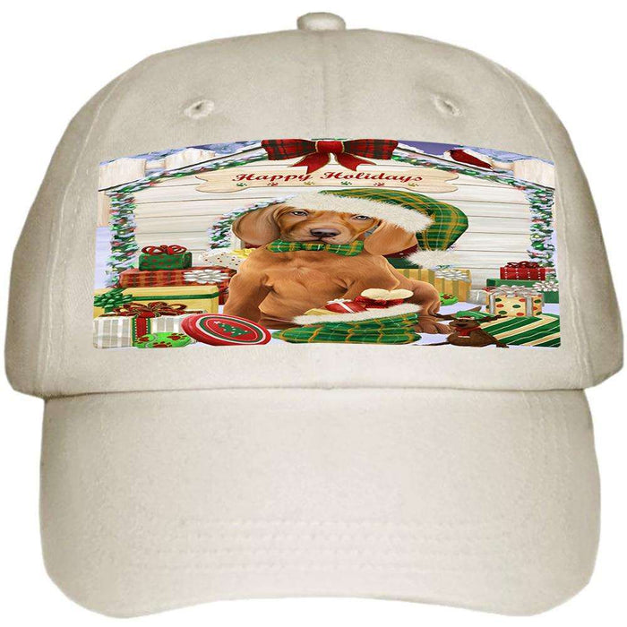 Happy Holidays Christmas Vizsla Dog House with Presents Ball Hat Cap HAT58305