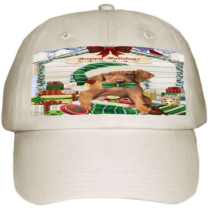 Happy Holidays Christmas Vizsla Dog House with Presents Ball Hat Cap HAT58308