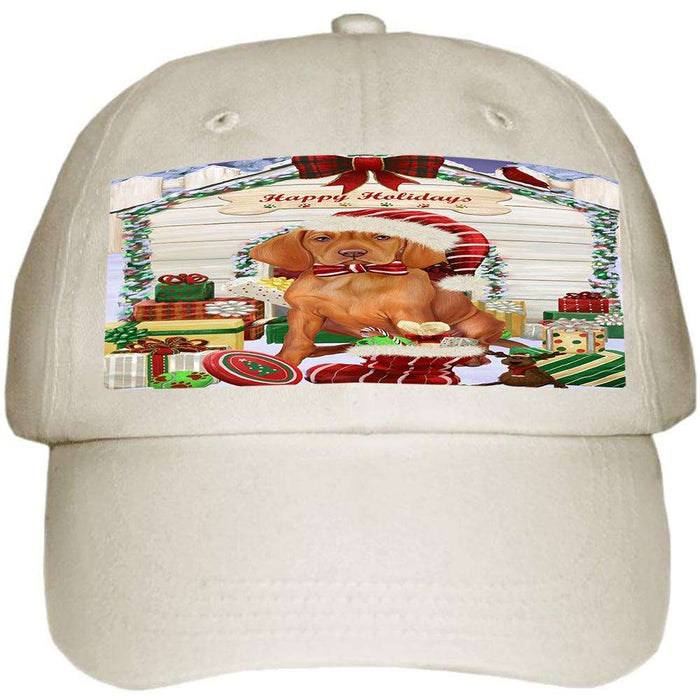 Happy Holidays Christmas Vizsla Dog House with Presents Ball Hat Cap HAT58314