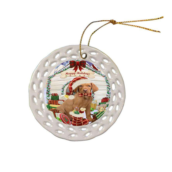 Happy Holidays Christmas Vizsla Dog House With Presents Ceramic Doily Ornament DPOR51526