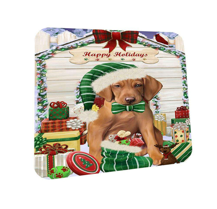 Happy Holidays Christmas Vizsla Dog House With Presents Coasters Set of 4 CST51484