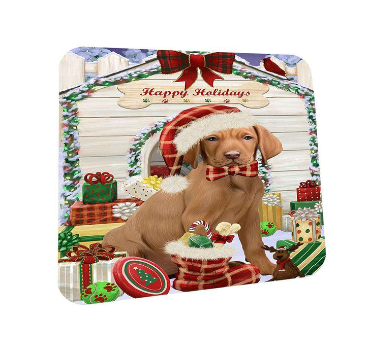 Happy Holidays Christmas Vizsla Dog House With Presents Coasters Set of 4 CST51485