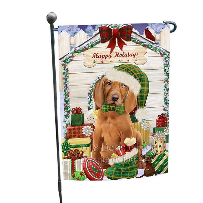 Happy Holidays Christmas Vizsla Dog House With Presents Garden Flag GFLG51521