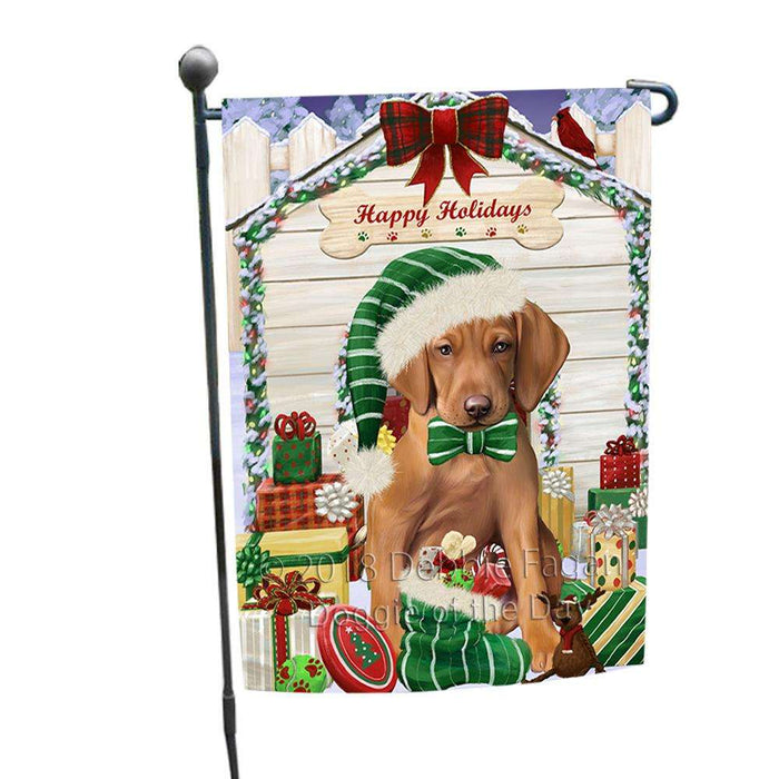 Happy Holidays Christmas Vizsla Dog House With Presents Garden Flag GFLG51522