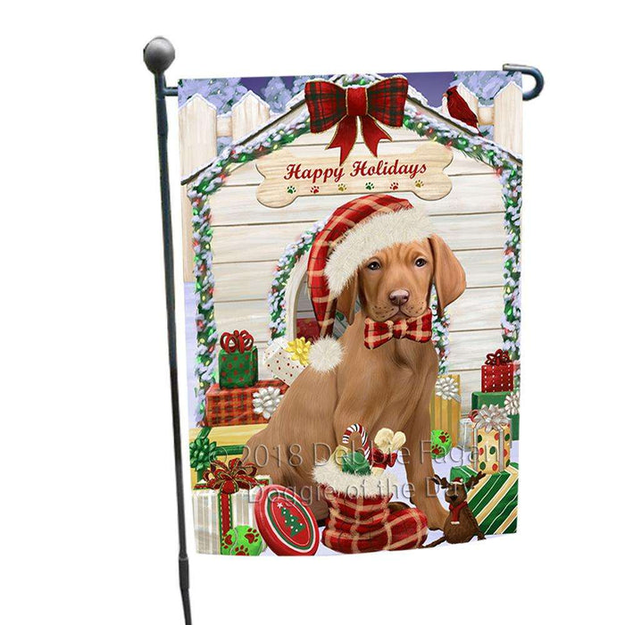 Happy Holidays Christmas Vizsla Dog House With Presents Garden Flag GFLG51523