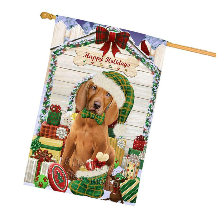 Happy Holidays Christmas Vizsla Dog House With Presents House Flag FLG51657