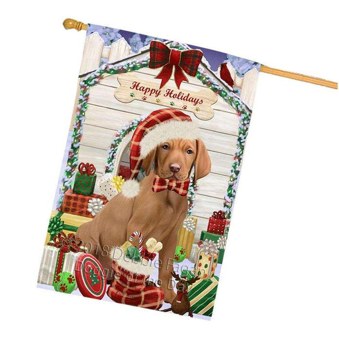 Happy Holidays Christmas Vizsla Dog House With Presents House Flag FLG51659
